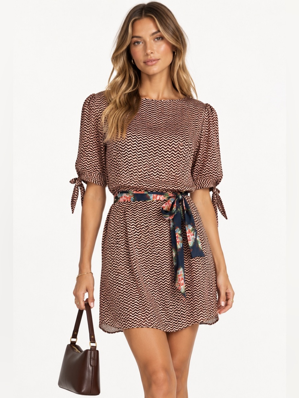 JENNY HAN 100% SILK Chevron Print Short Sleeve Dress with Floral Sash Size M